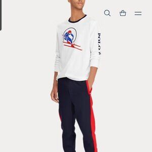 Polo Ralph Lauren White Cotton T-Shirt Men's SZ Large Ski Downhill Long Sleeve